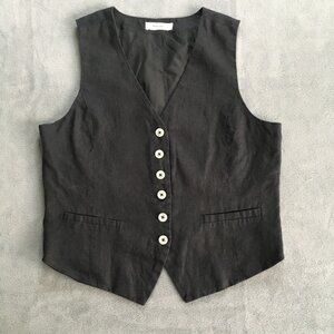 Mod Ref Black Sleeveless Linen-Blend Button Front Vest
